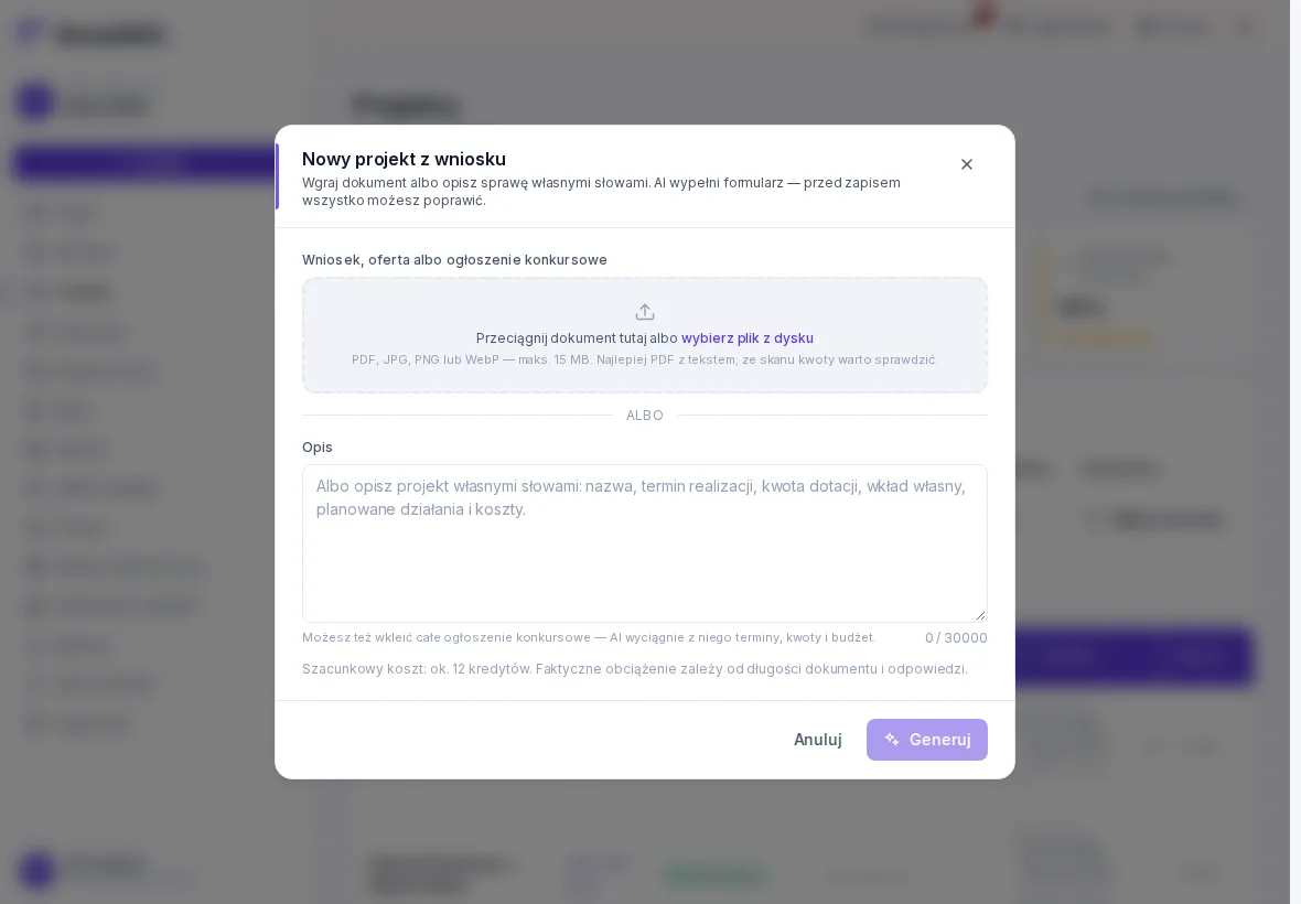 Okno importu wniosku PDF na liście projektów w FloweNGO